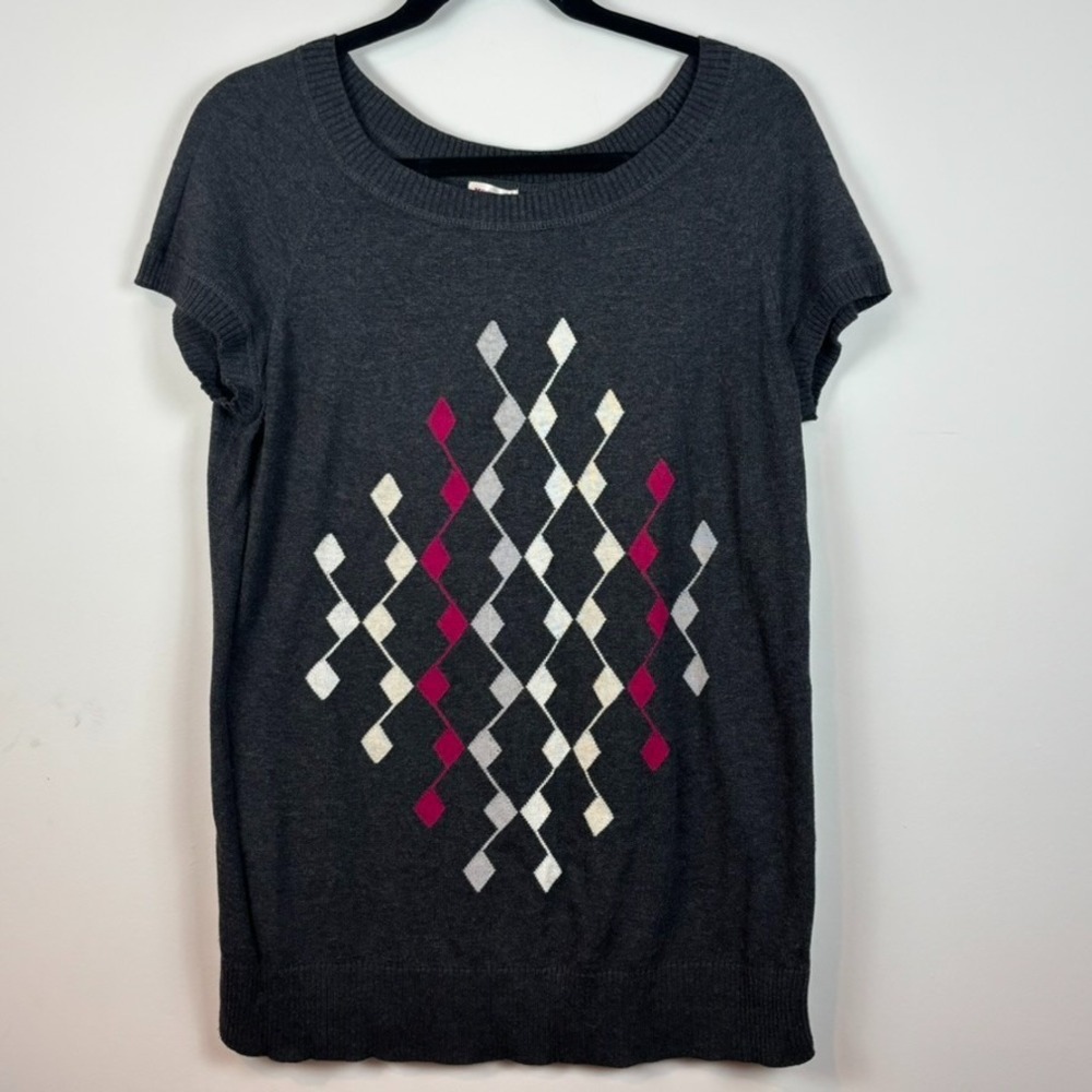 Mossimo Blue Argyle Pattern Short Sleeve Knit 100% Cotton Top Womens XL Academia